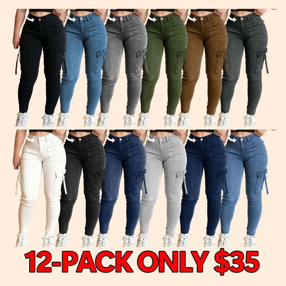 Women's solid color multi-pocket denim cargo pants