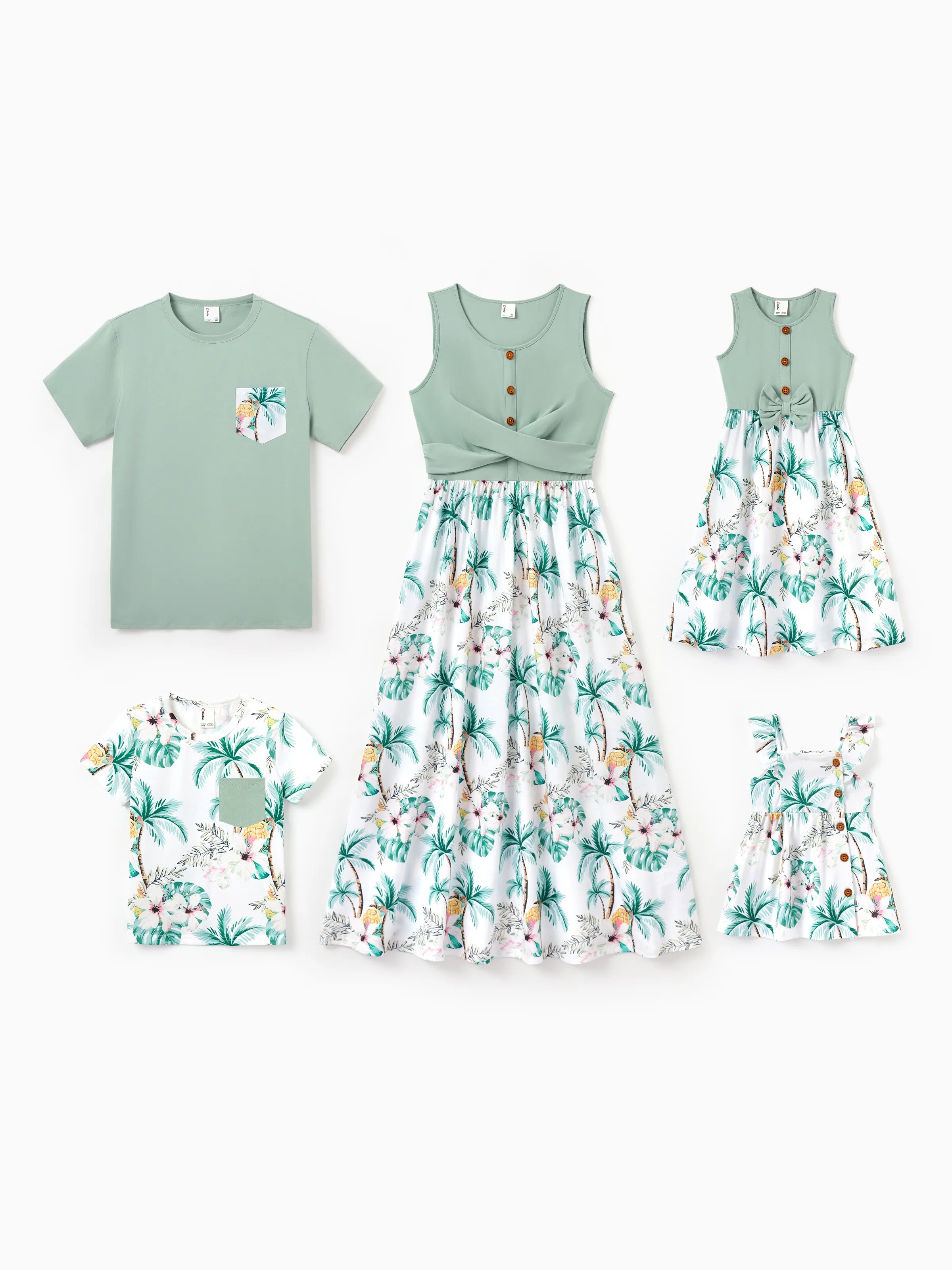 Family Matching Tropical Print Outfits Mommy & Me Tank Dress & Dad/Kids Cotton T-Shirt Set
 Green