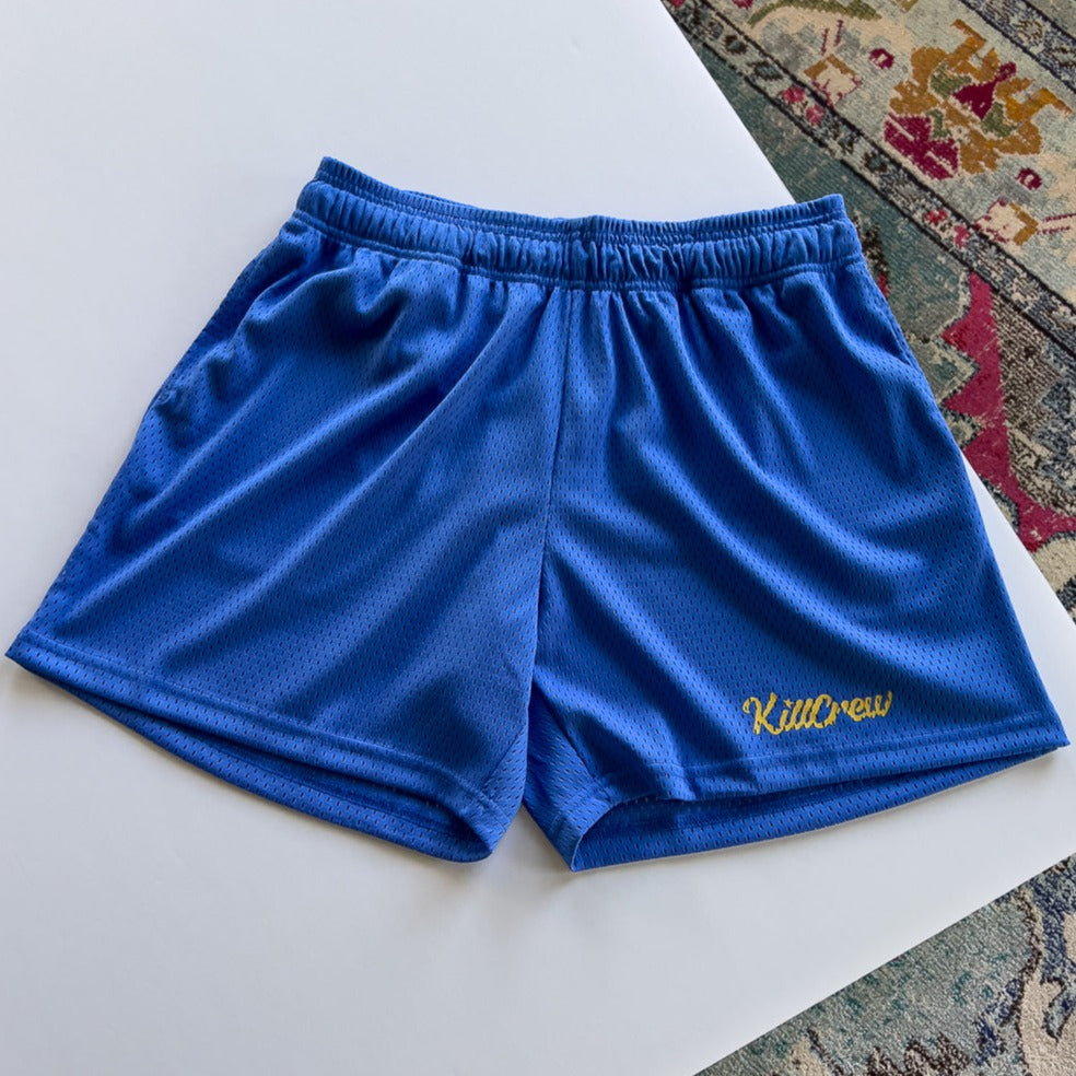 VENTED MESH SHORTS SCRIPT - BLUE / GOLD