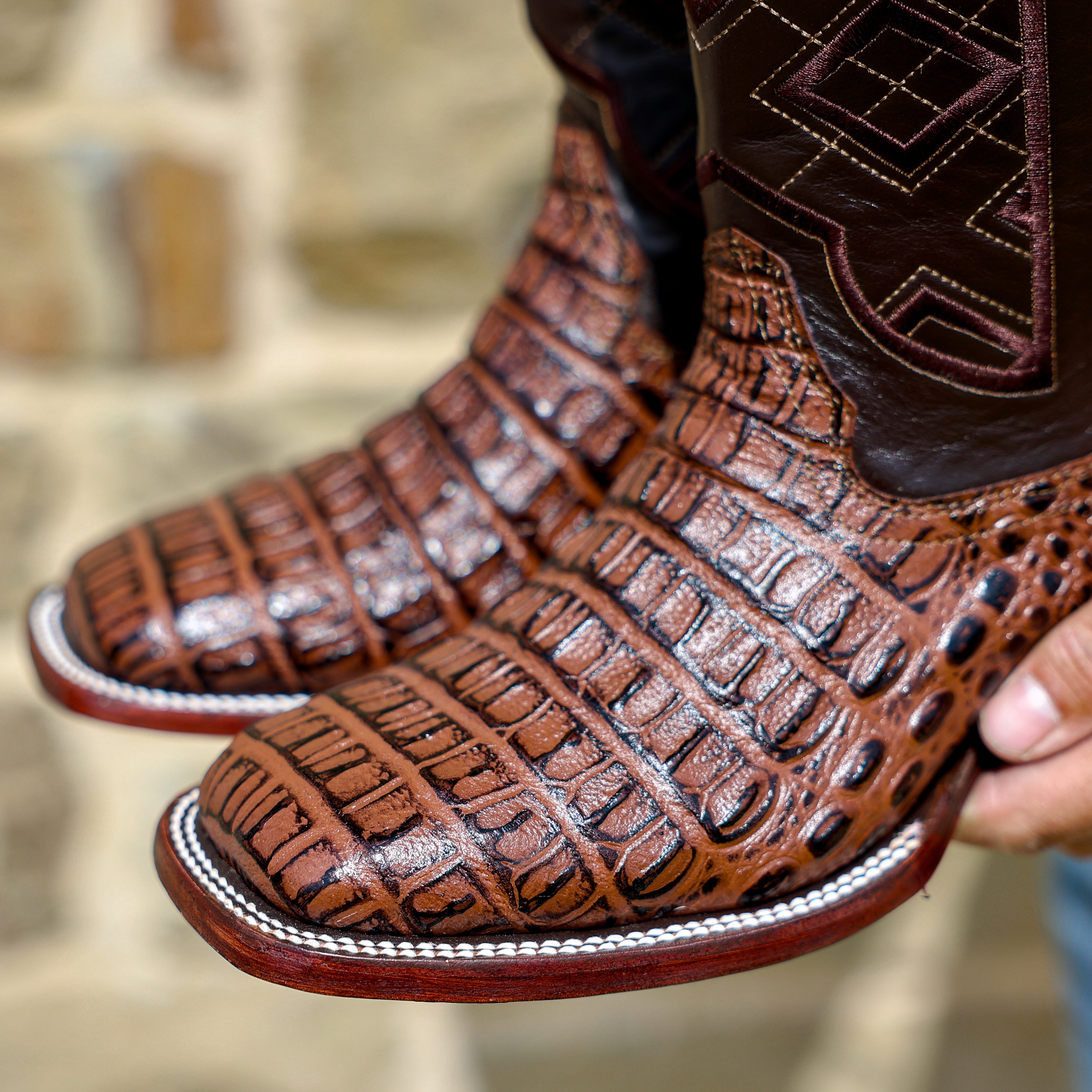 Brown Caiman Hornback Leather Boots - Square Toe