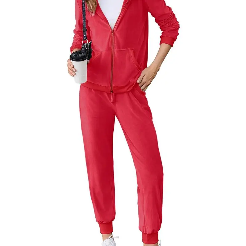Women's Casual Velour Tracksuit Set Full Zipper Hoodie
