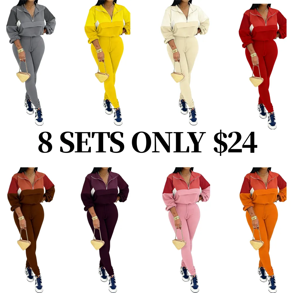 Women's Colorblock 2-Piece Knit Zip Jacket Elastic Waist Tracksuit