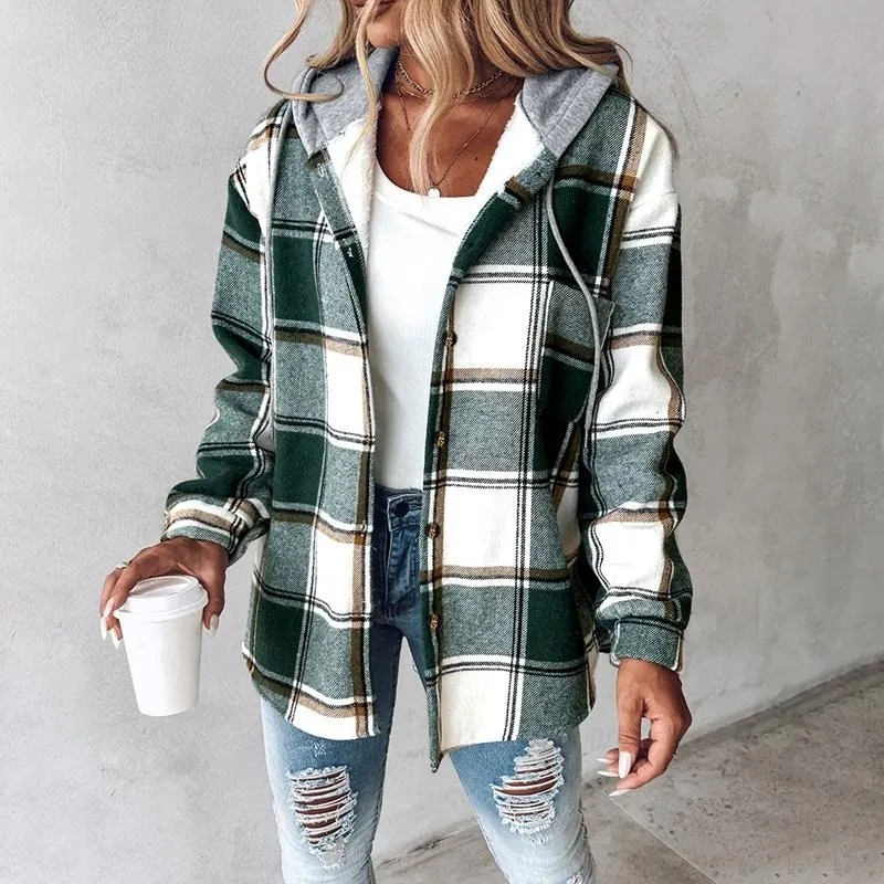 Women's Plaid Pattern Long Sleeve Shacket Button Down Fleece Lined Hooded Jackets Warm Coat