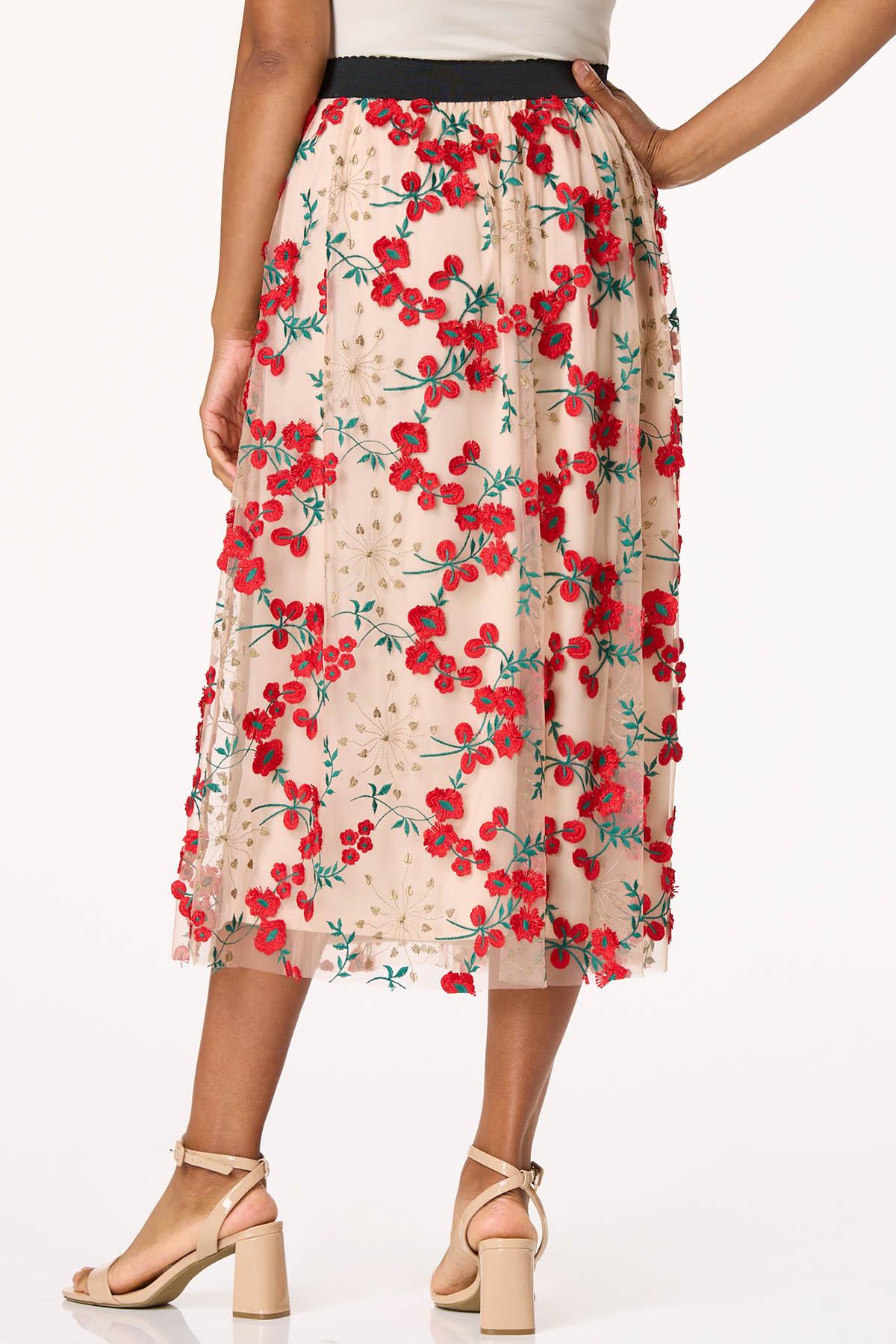 Floral Embroidered Mesh Midi Skirt
