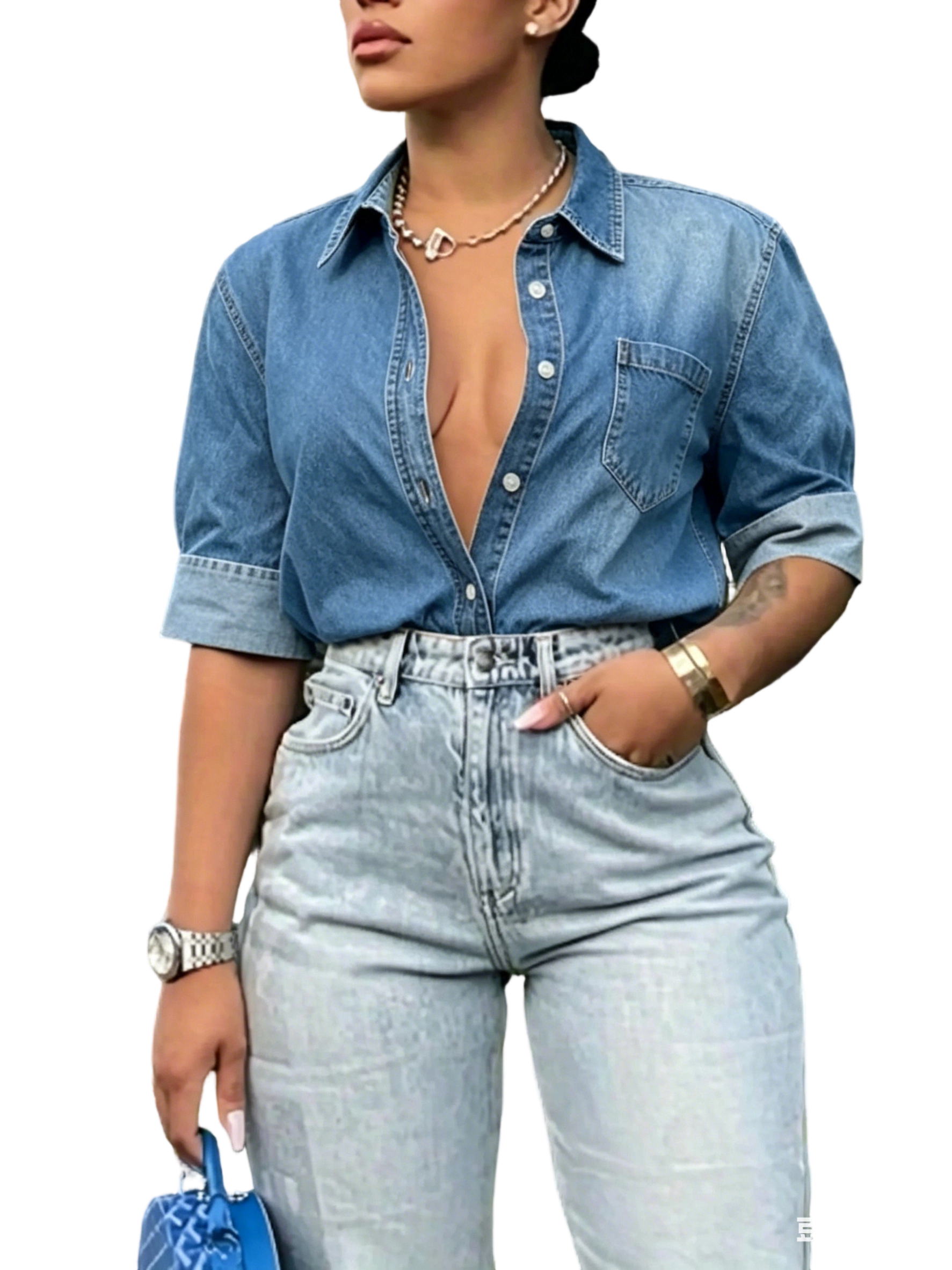 Women's Colorblock Pocket Button Front Shirt, Blouse, Summer Clothes for Women