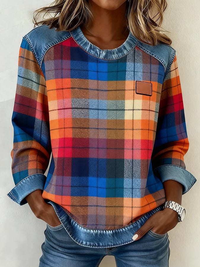 Women's Casual Crew Neck Plaid Patchwork Sweatshirt