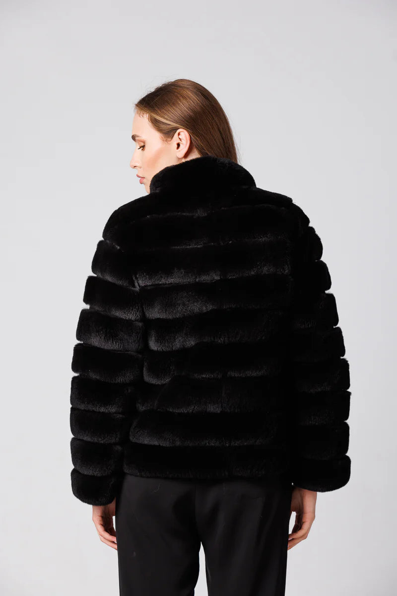 Haină din Blană Naturală de Rex Chinchilla, Guler Tunică, Femei, Obsidian 178