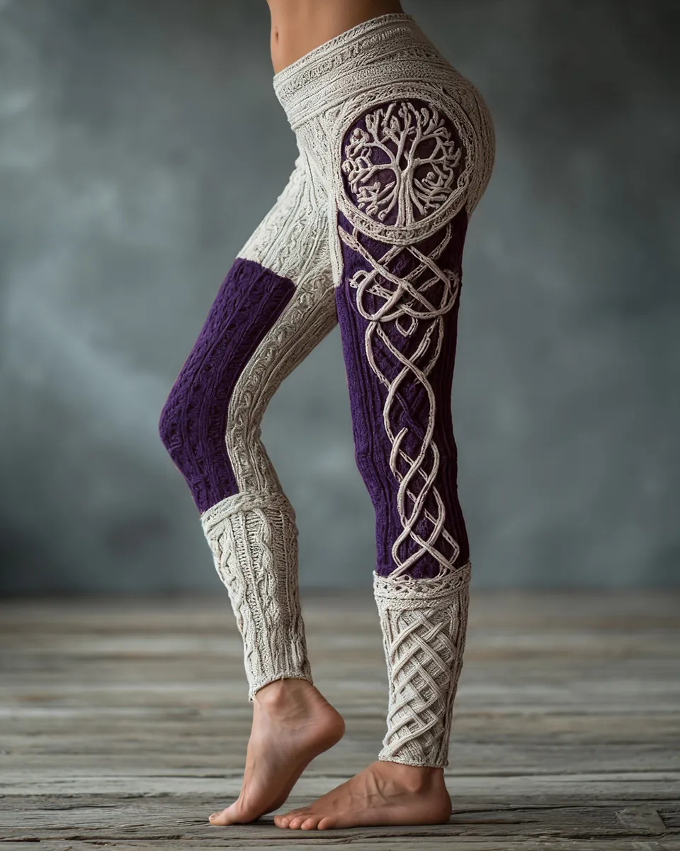 Vintage Viking Tree Of Life Celtic Knot Art Knit Jacquard Cozy Leggings