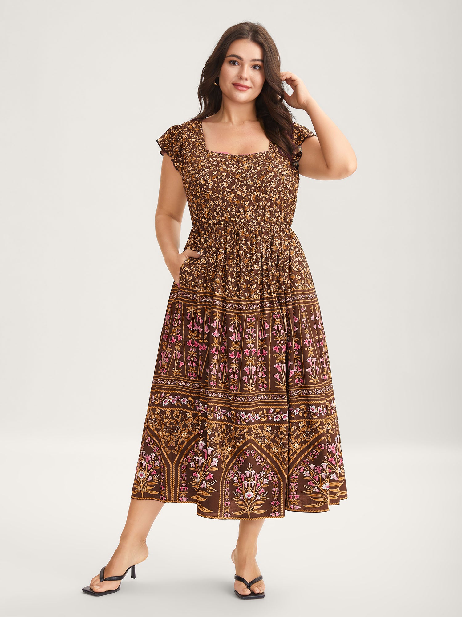 Rayon Garden Fresh Ruffled Sleeve Midi Dress