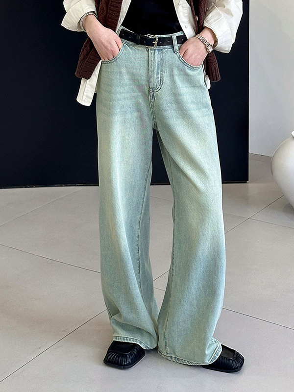 No Belt Pockets High Waisted Loose Jean Pants Bottoms