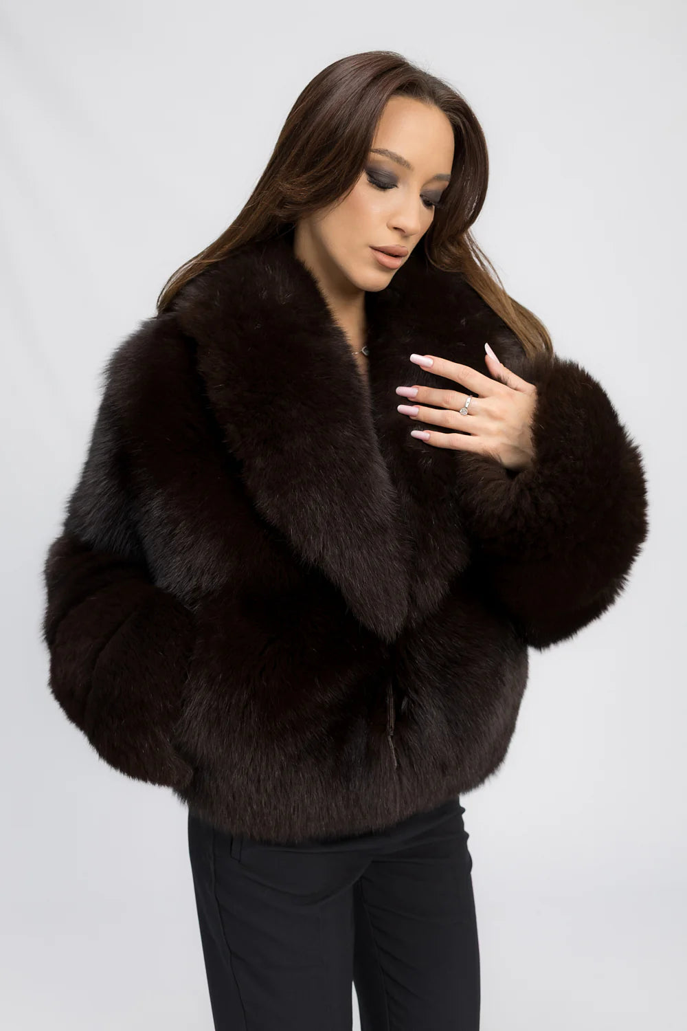 Haină din Blană Naturală de Vulpe Polară, cu Guler Rever, Femei, Dark Cocoa 466