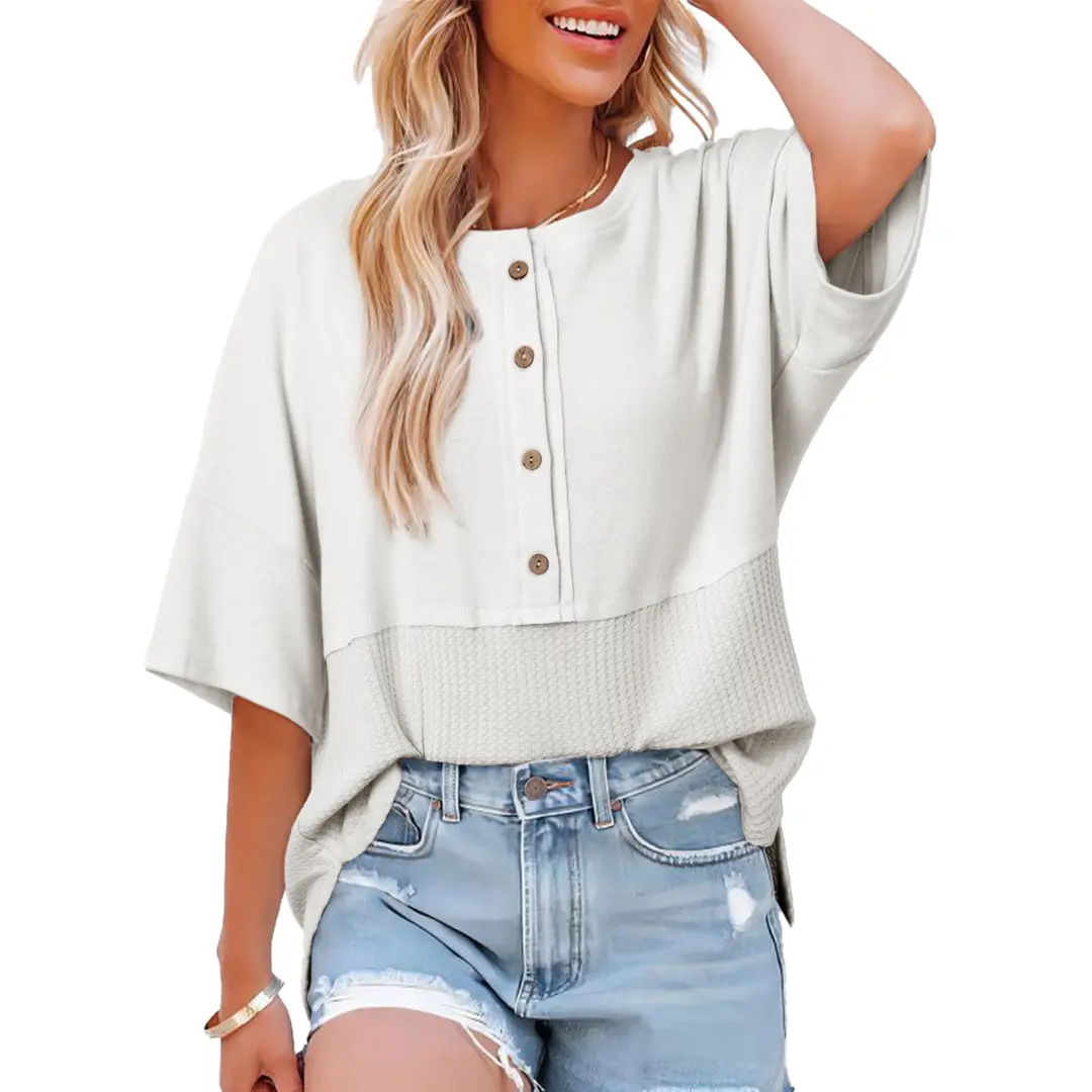 Women’s Waffle Knit Oversized Casual Blouse – 3/4 Sleeve