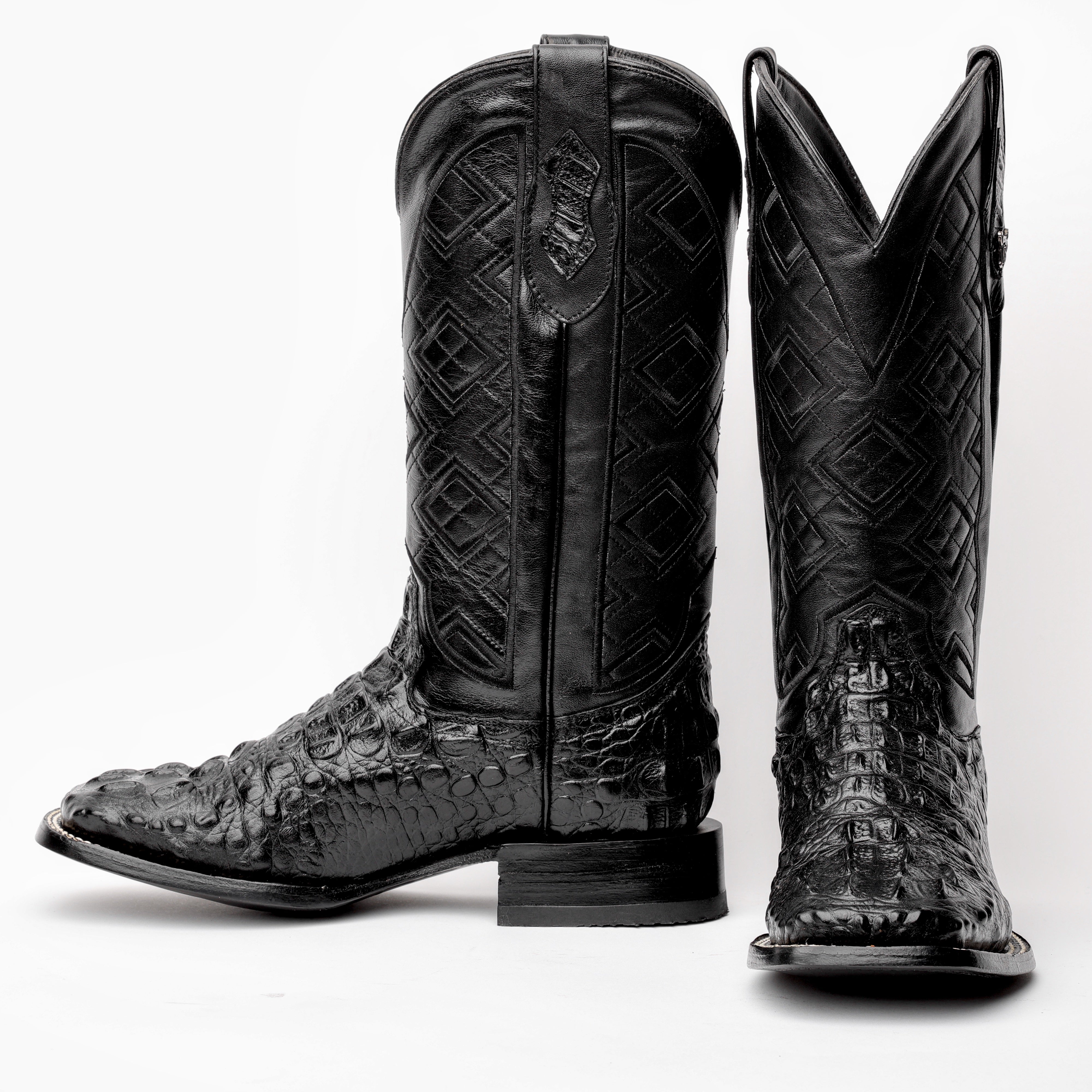 TOTAL BLACK Caiman Neck Leather Boots - Square Toe