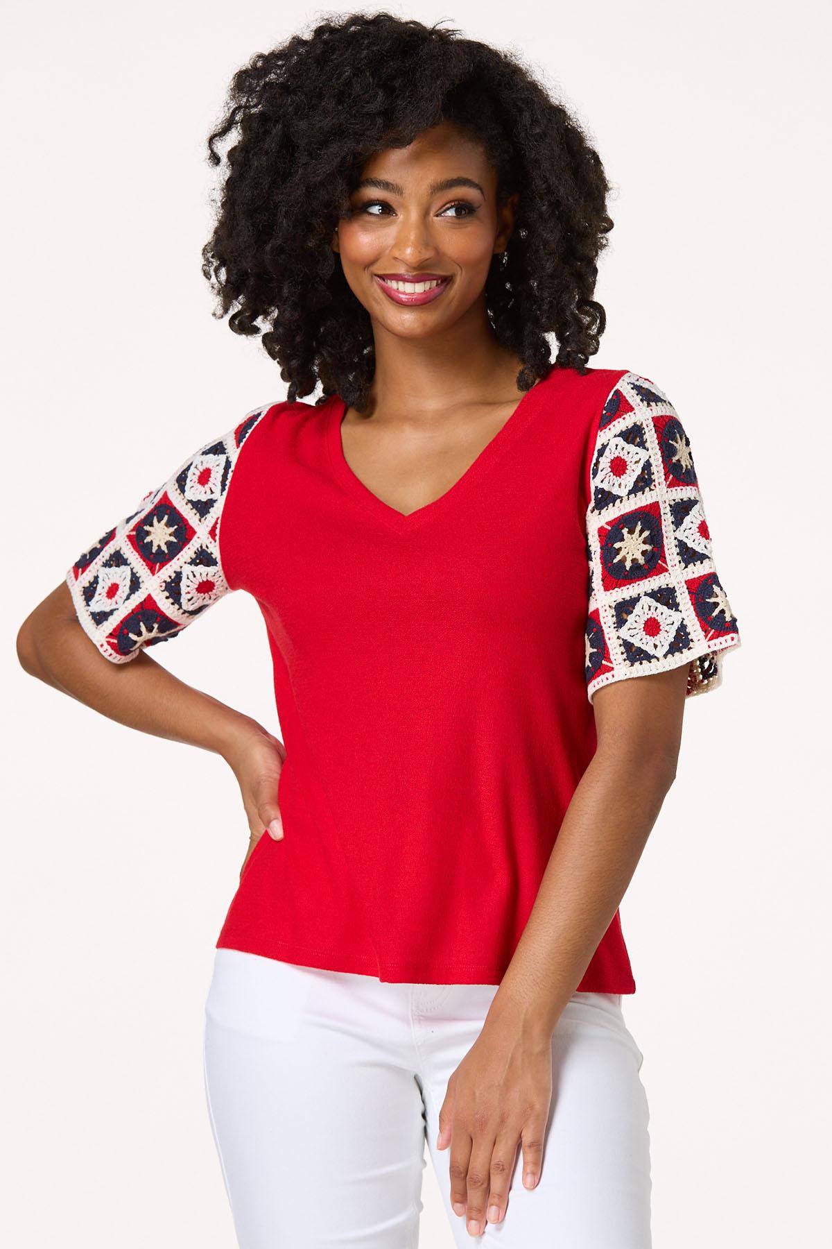Crochet Sleeve V- Neck Top