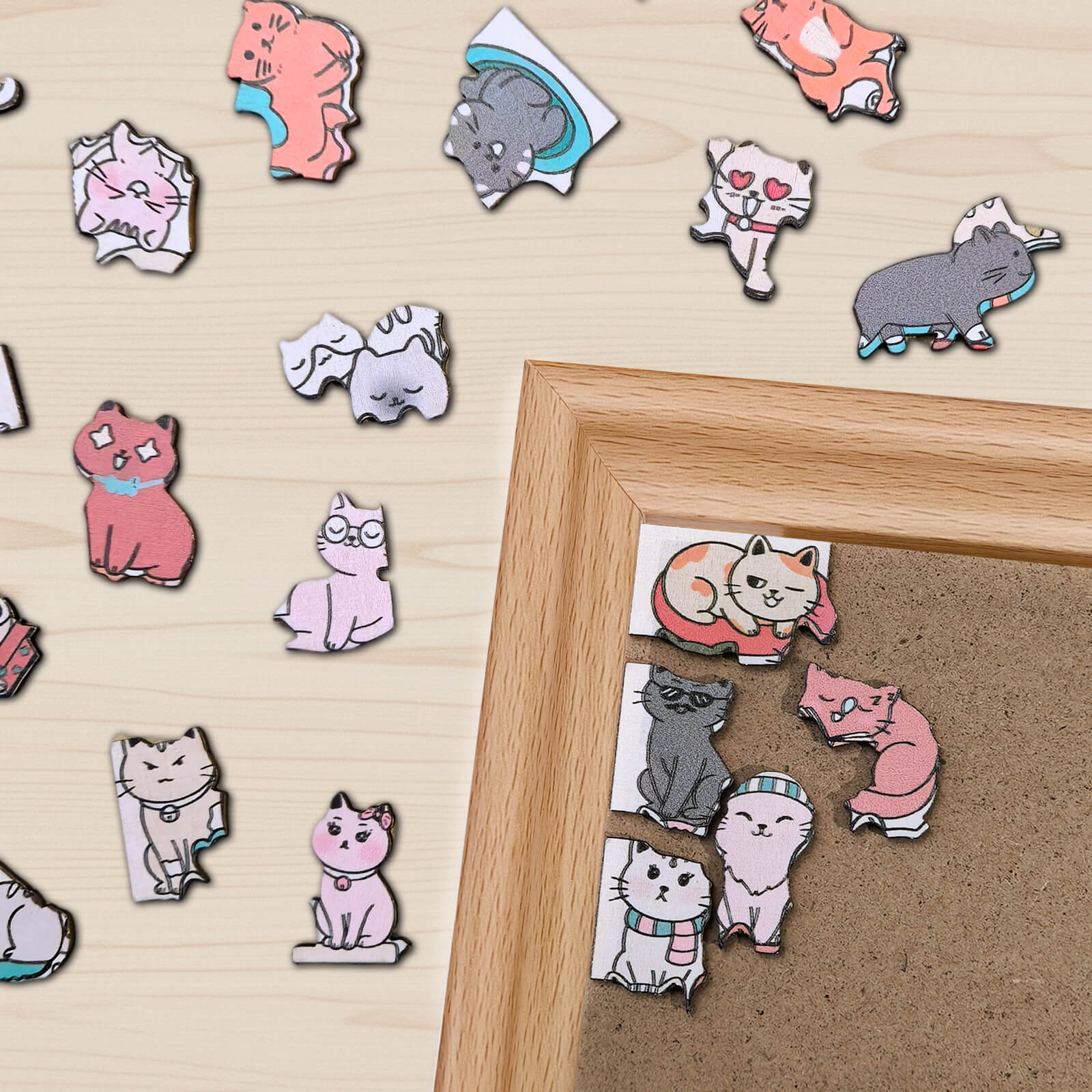 200 Pcs Morandi-Colored Lovely Cat Shaped Square Wooden Jigsaw Puzzle