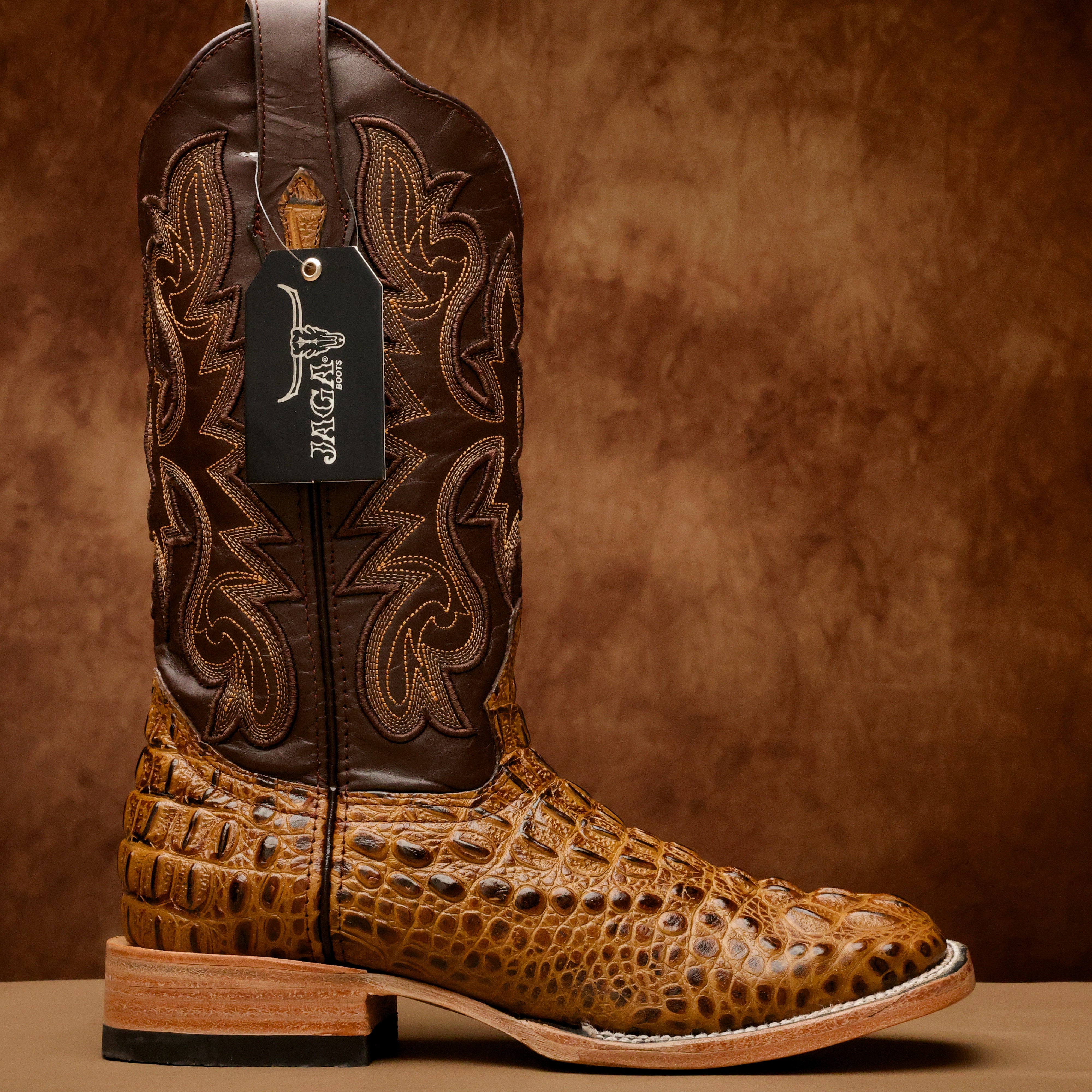 Honey Caiman Neck Leather Boots - Square Toe