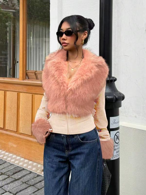 Women's Fashion Street Style Patchwork Knit Faux Fur Jacket, Zipper Long Sleeve Coat, Fall & Winter Thick Fabric, Casual Wear