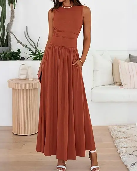 Summer Maxi Dresses for Women 2026 Spring Sleeveless Casual Ruched High Waisted Long Sundress Flowy Beach Dress