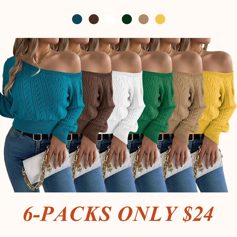 Women's Plain Textured Hollow Out Asymmetrical Neck Sweater