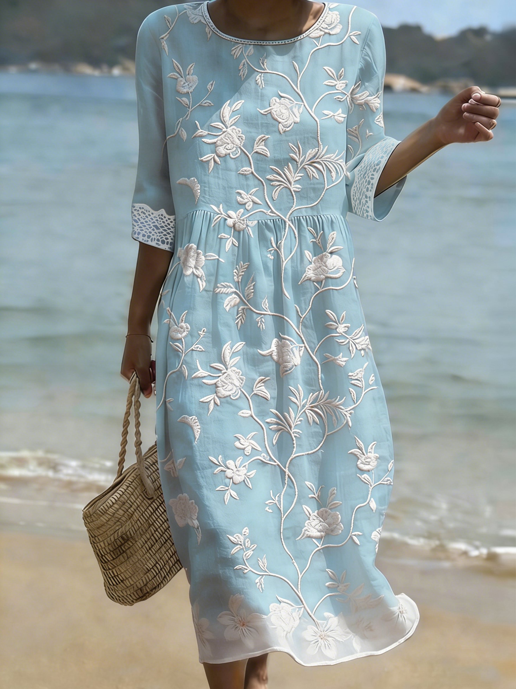 Women's Casual Solid Color Round Neck Mid-Sleeve Floral Print Cotton Linen Dress- Fast Shipping