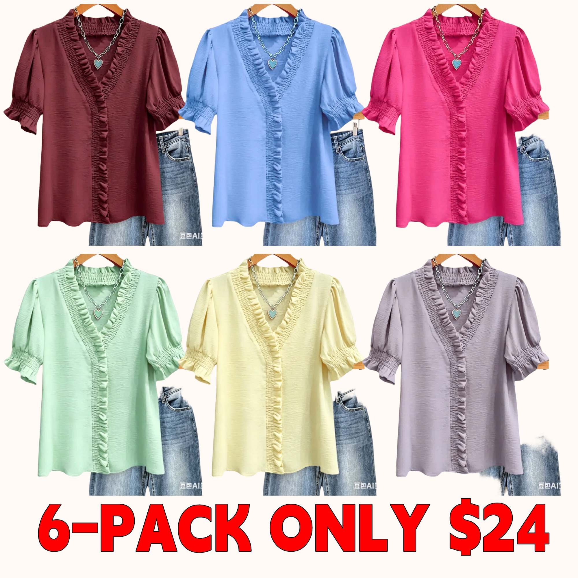 A bright pink V-neck shirt with ruffled details, featuring pleats at the cuffs and front, made of soft fabric.