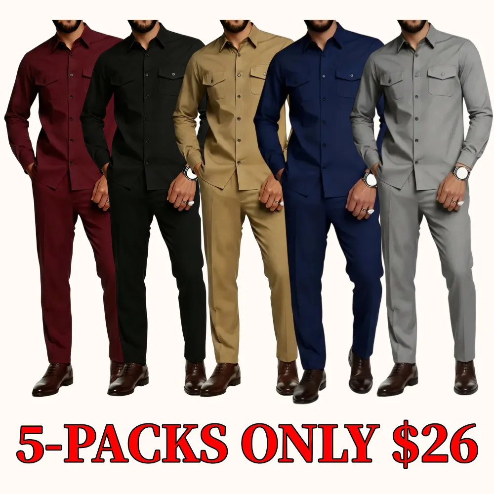 A minimalist men's business suit includes a long-sleeved shirt and straight-leg trousers.