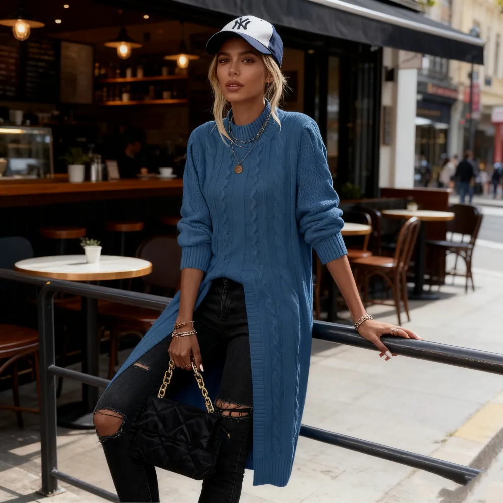 Sweater Mock Neck Split Hem Cable Knit Longline for Fall