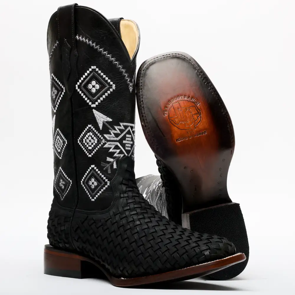 Black Basketweave Leather Boots - Square Toe