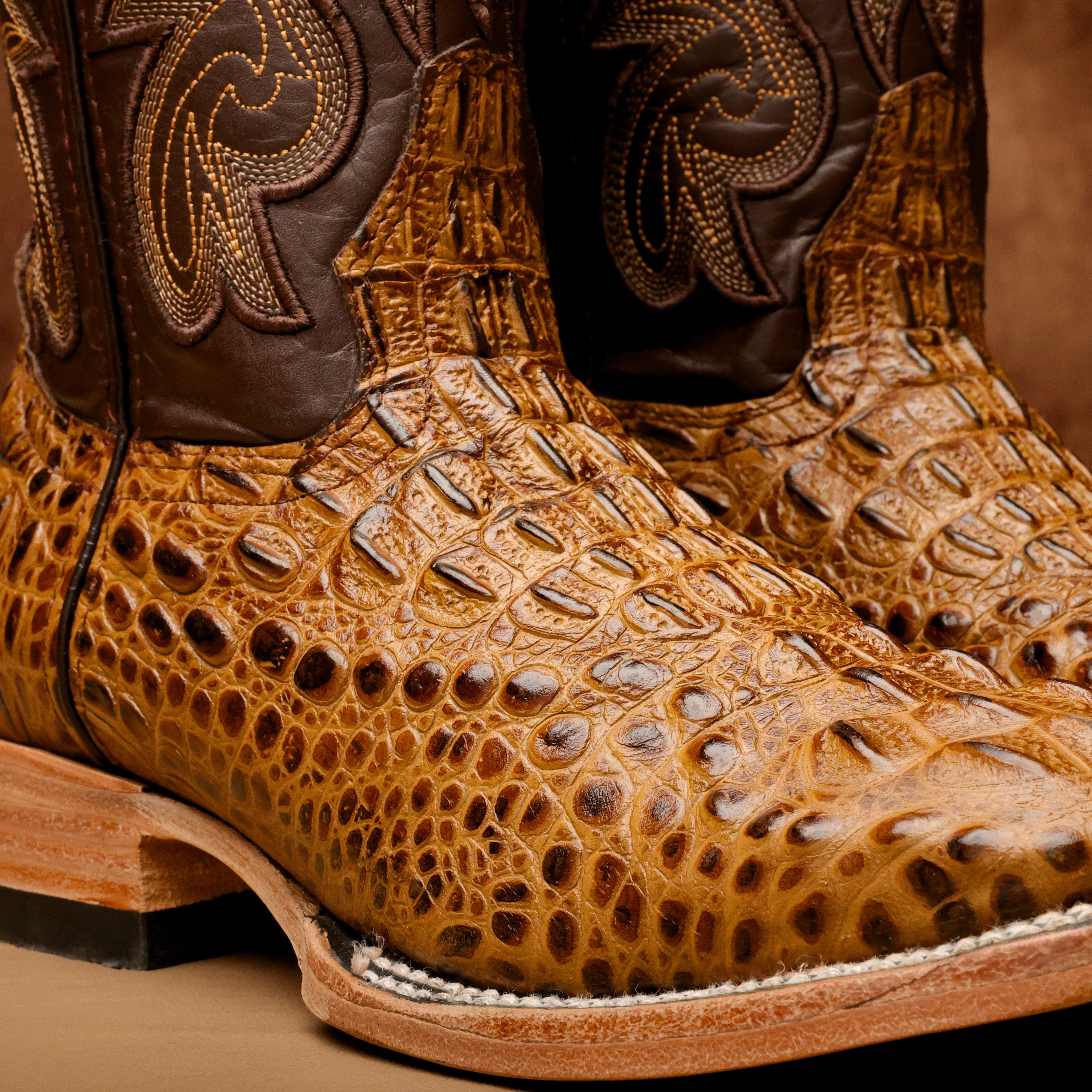 Honey Caiman Neck Leather Boots - Square Toe