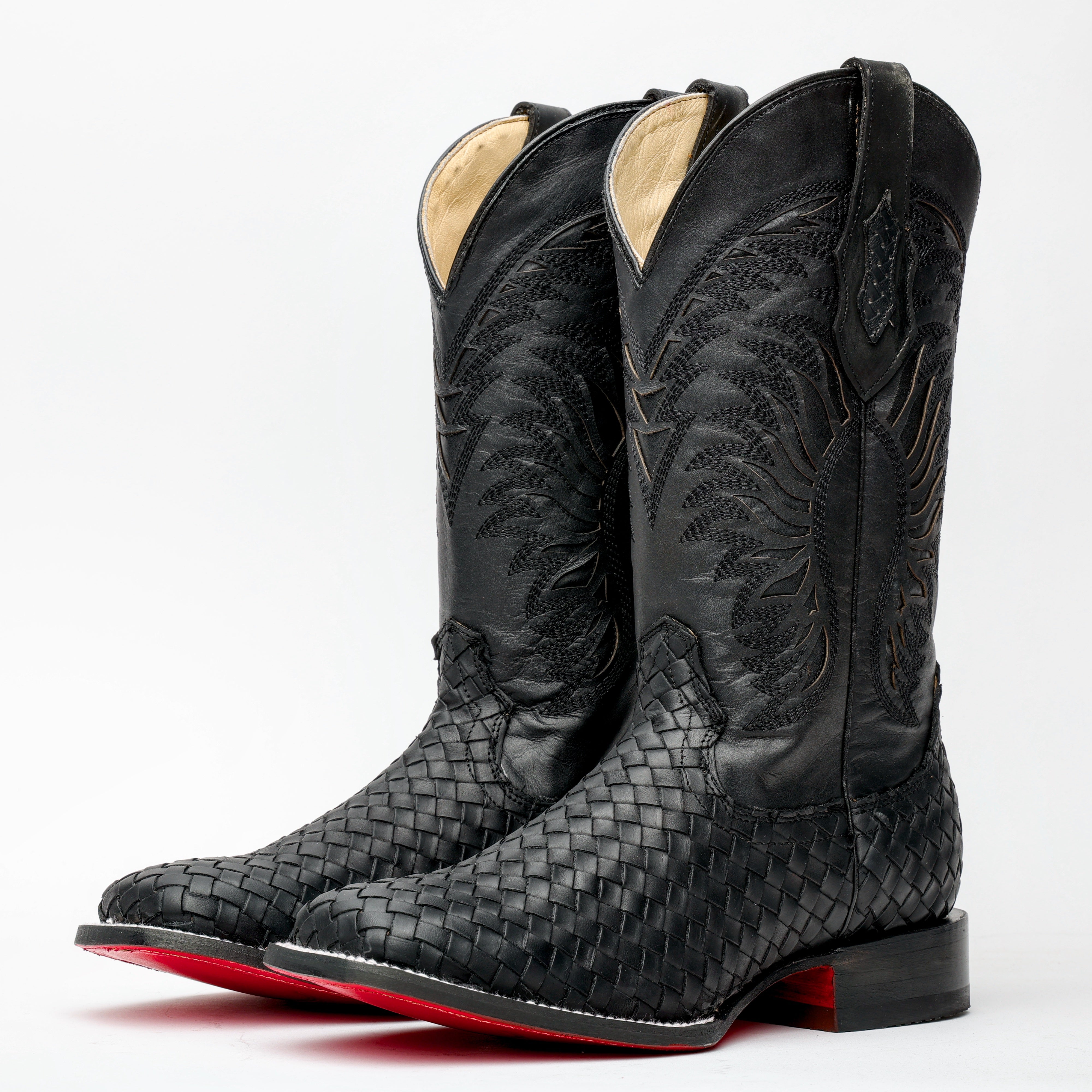 Black Basketweave Leather Boots - Square Toe