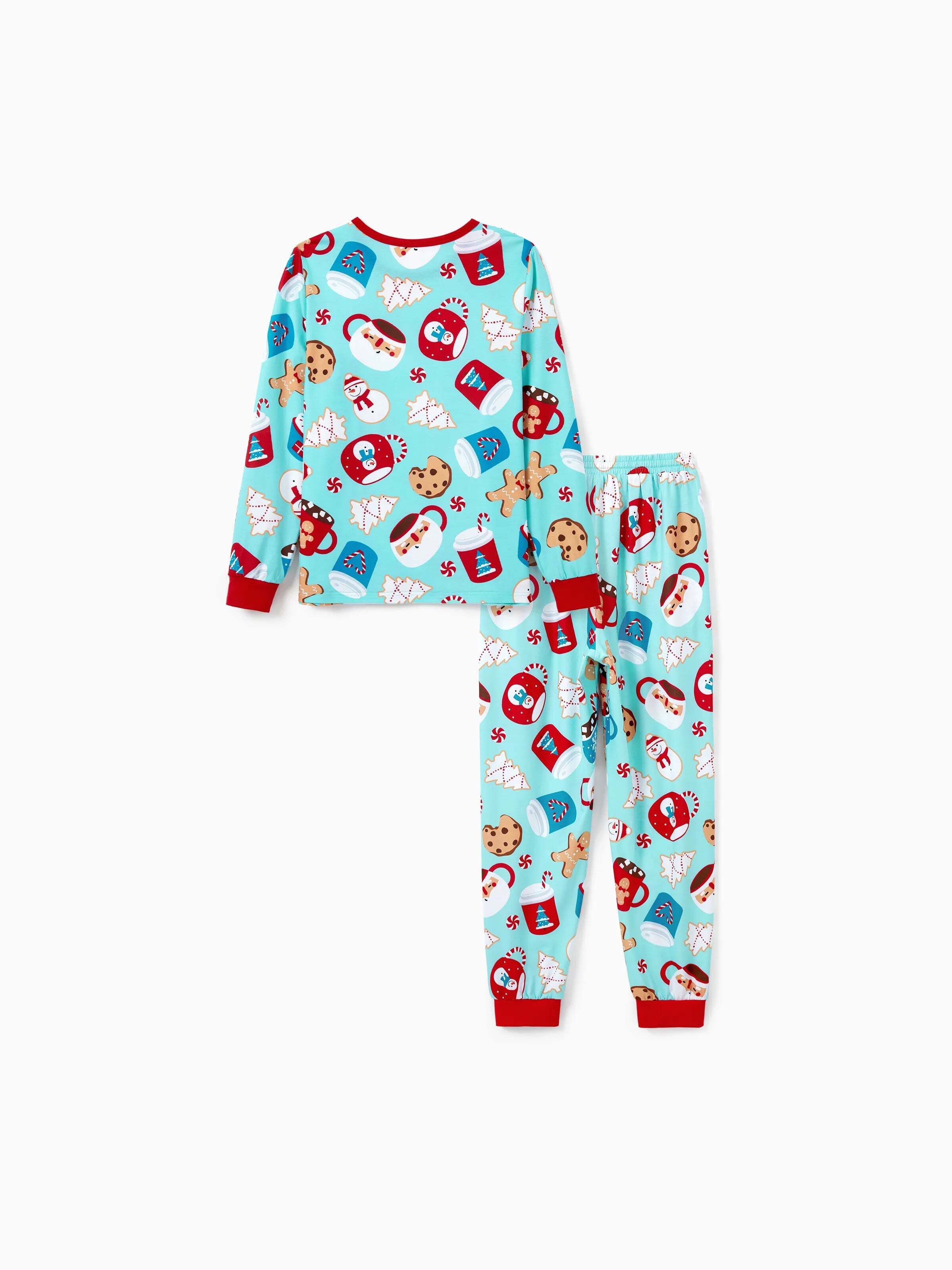 Christmas Matching Family Pajamas Set Gingerbread Print Blue and Red PJS with Christmas Socks Light Blue