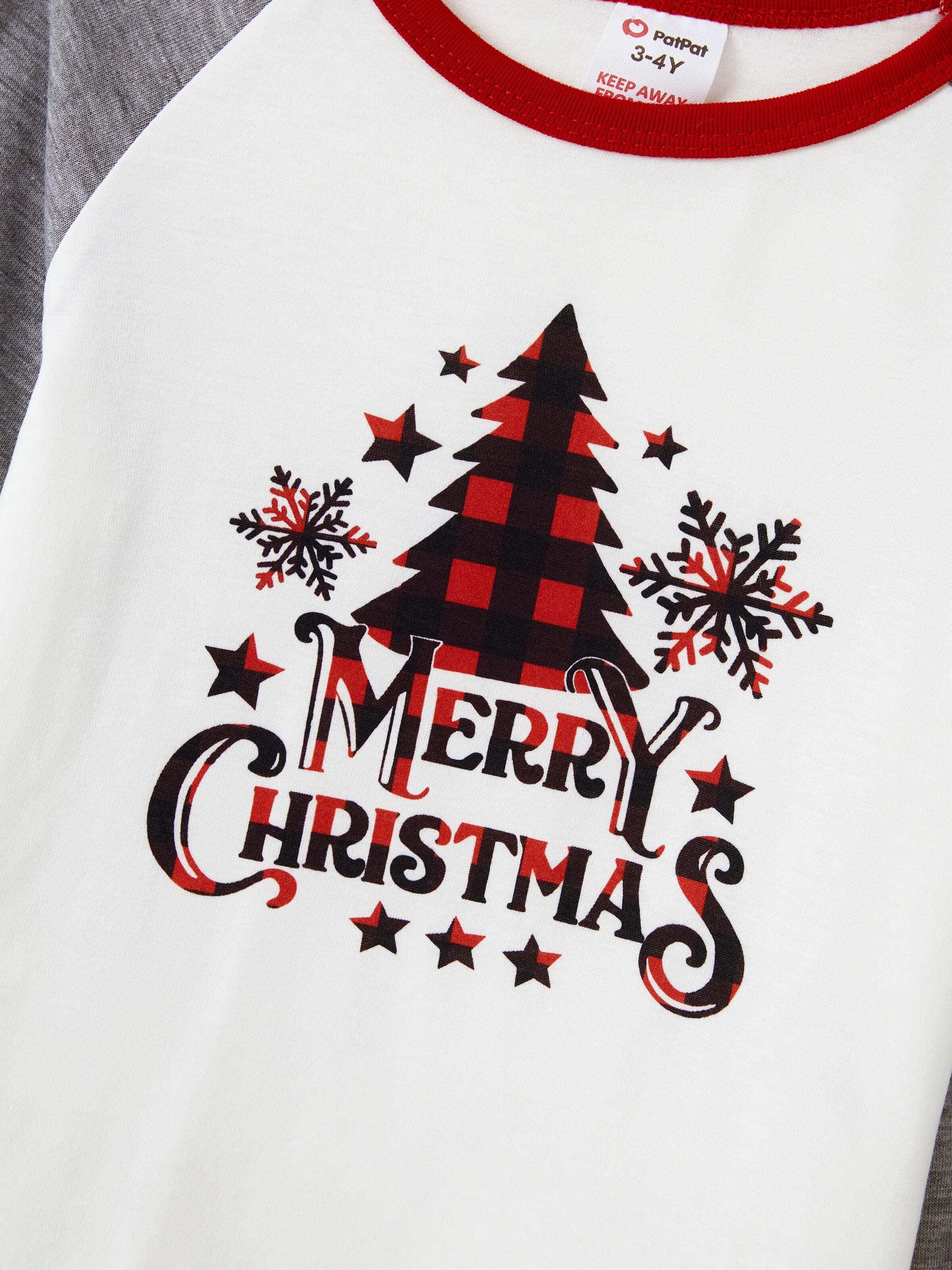 Christmas Tree Snowflake and Letters Print Grey Family Matching Long-sleeve Pajamas Sets with Christmas Socks Grey