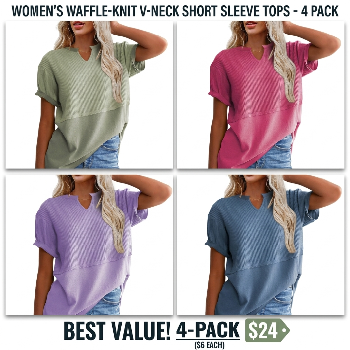2026 Spring/Summer Cozy Oversized Waffle Knit V-Neck Short Sleeve Pullover Tunic