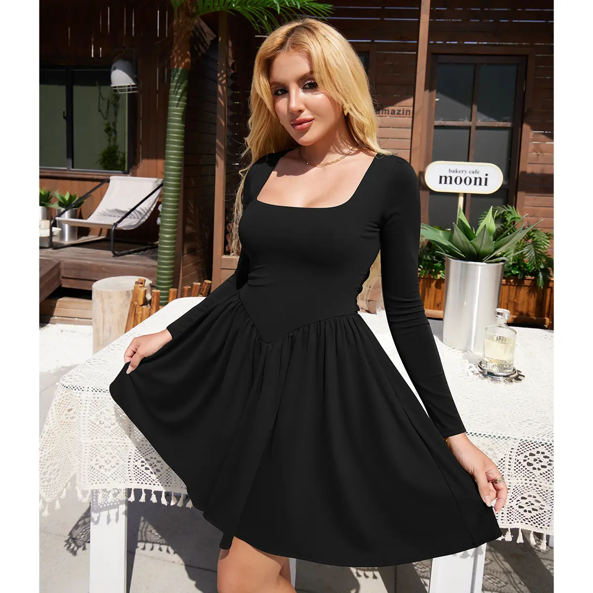 Women’s Long Sleeve Ruffle Hem Mini Dress with Pockets