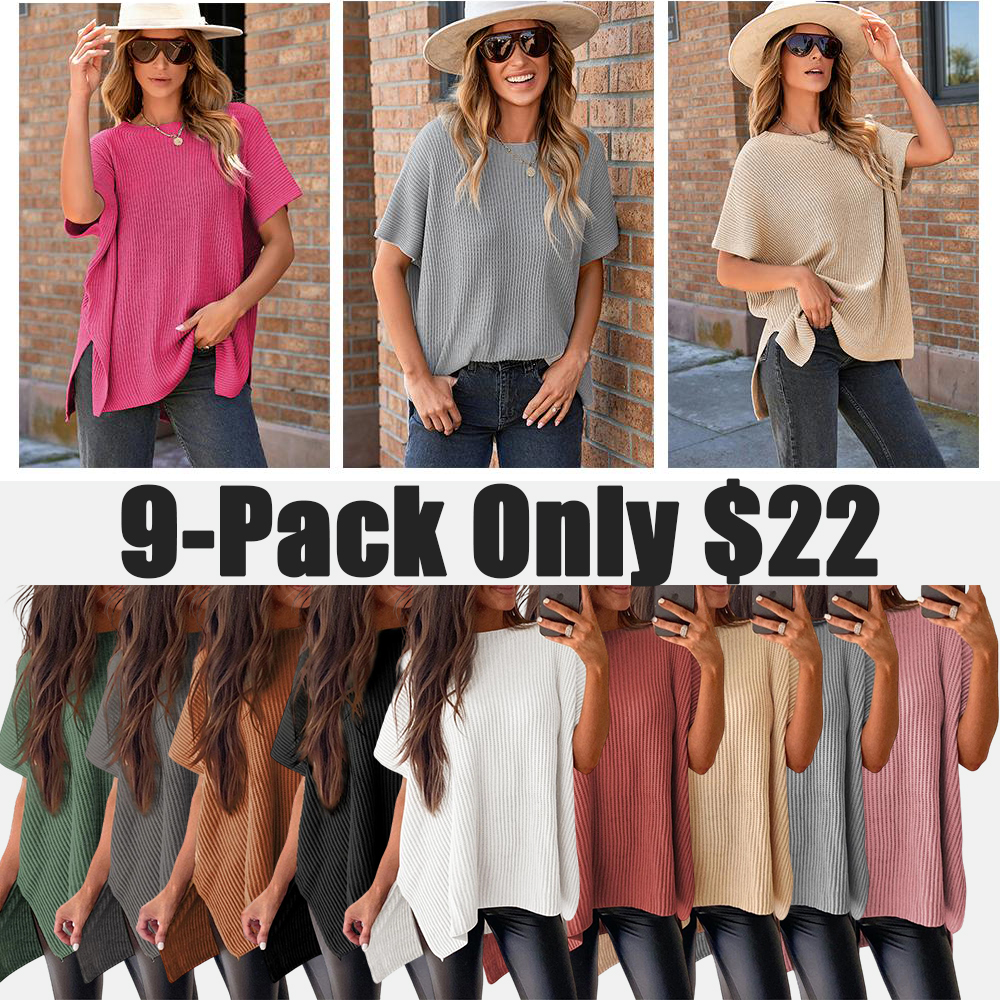 Women’s Oversized Ribbed Knit Top – Crew Neck Short Sleeve Pullover with Side Slit