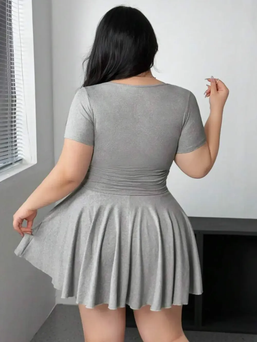 Plus-Size Womenswear Black Short Sleeve U-Neck Flared Mini Dress, Casual Style, Casual Wear