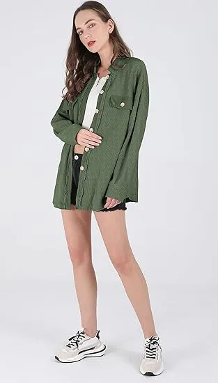 Women's Loose Fit Batwing Sleeve Waffle Knit Button Down Shirt Shacket Tops