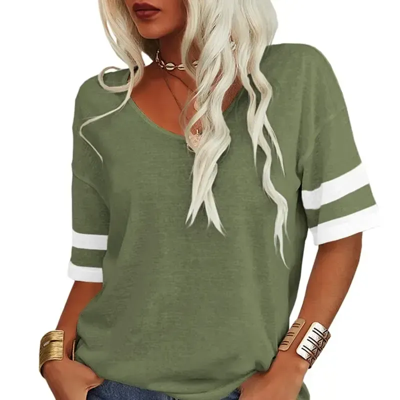 Women Soft V Neck Tshirt Half Sleeve Lightweight Solid Color Loose Fit Minimalist Top