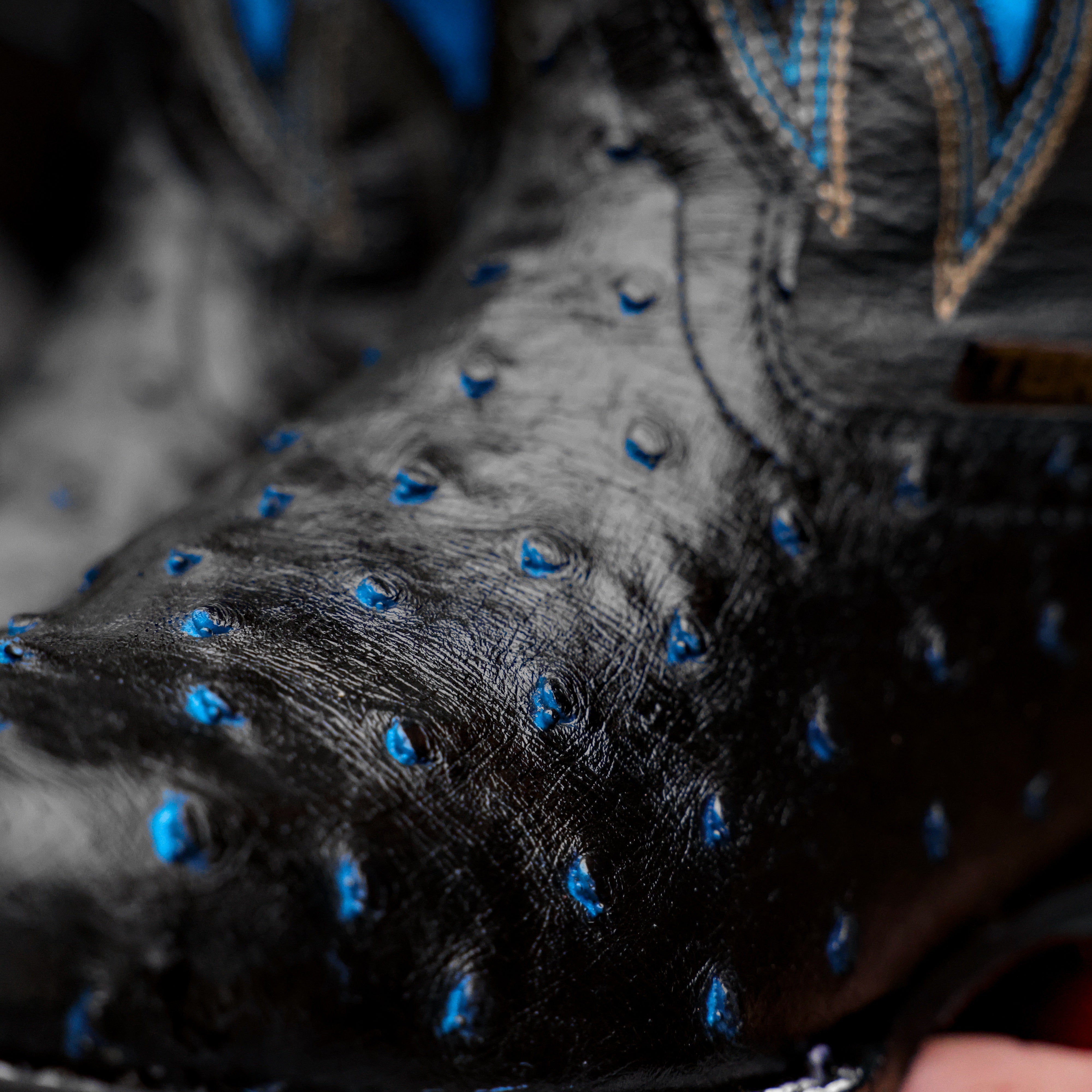 Black/Blue Ostrich Leather Boots - Square Toe