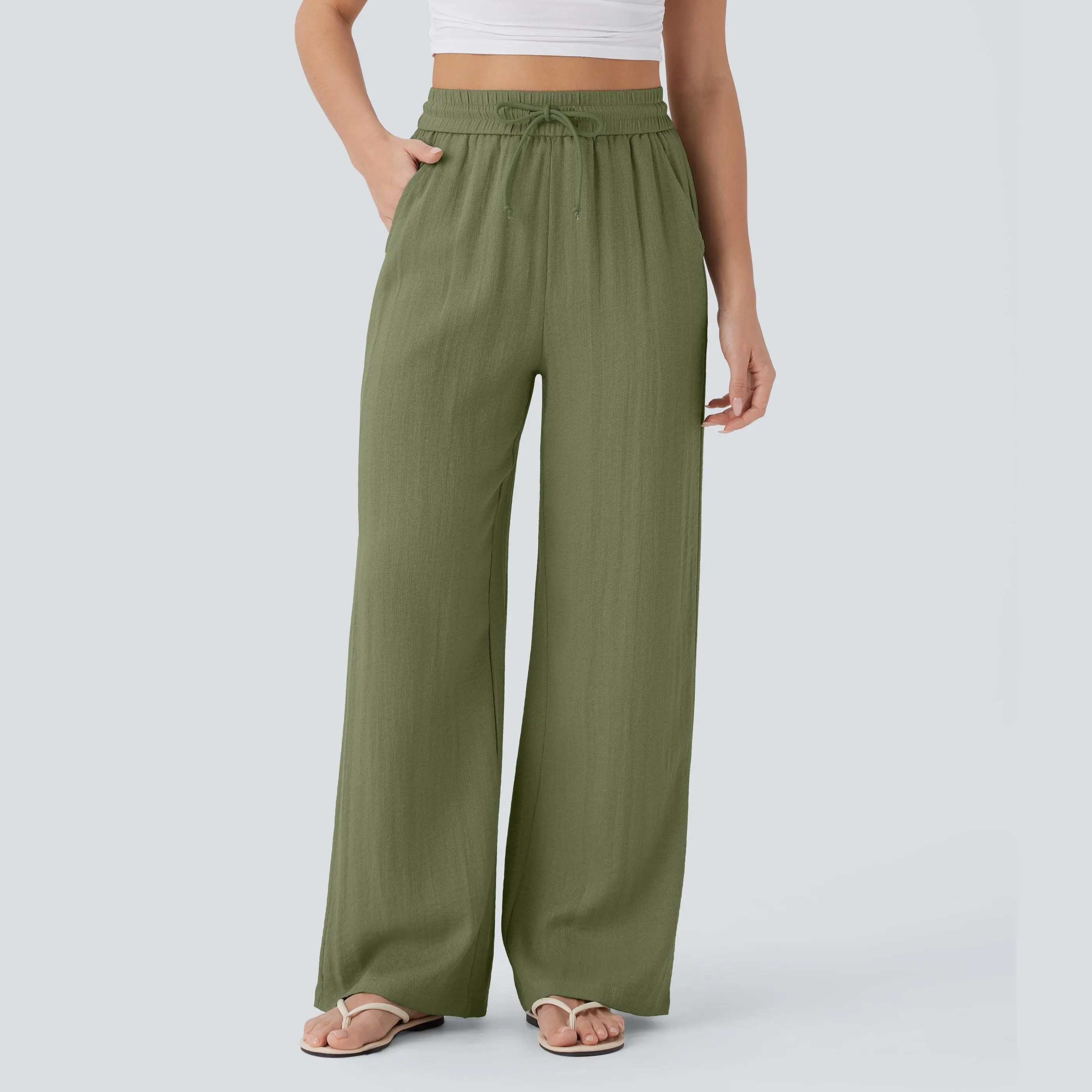 Women's High Waisted Wide Leg Pants – Linen-Feel Casual Drawstring with Pockets