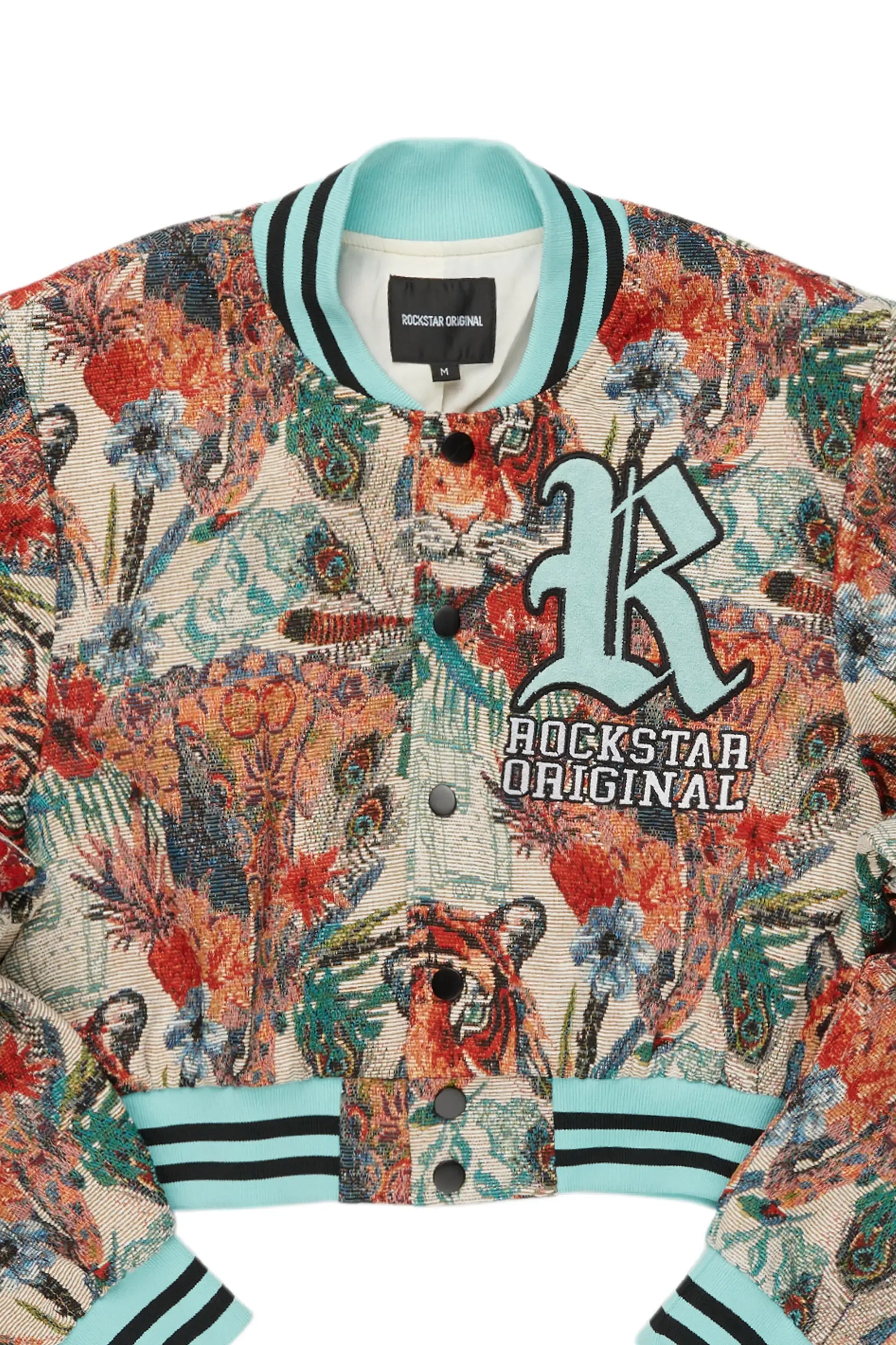 Rena Beige Crop Tapestry Varsity Jacket