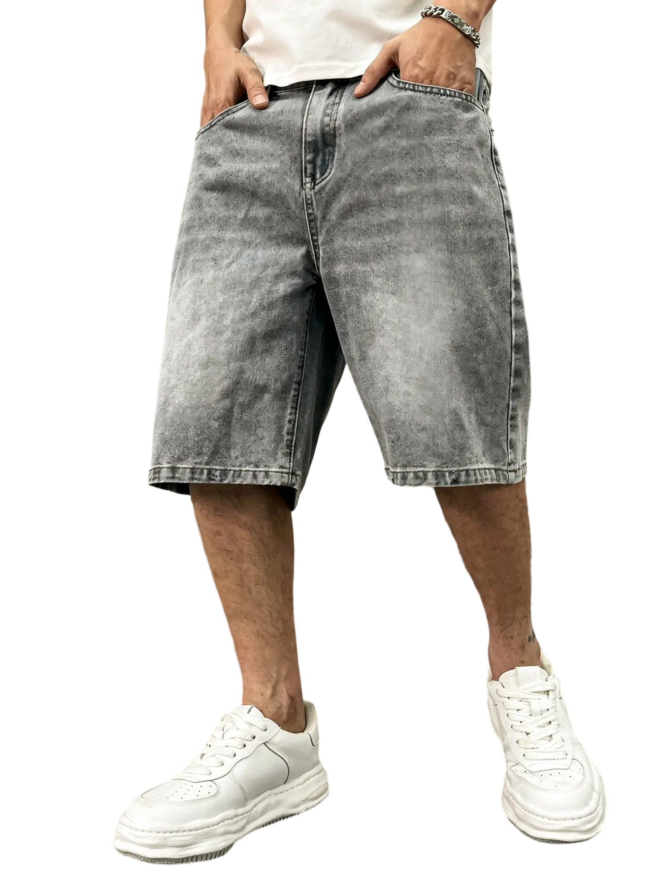 Men's washed retro color denim shorts, trendy, versatile, loose straight-leg casual streetwear denim five-point pants