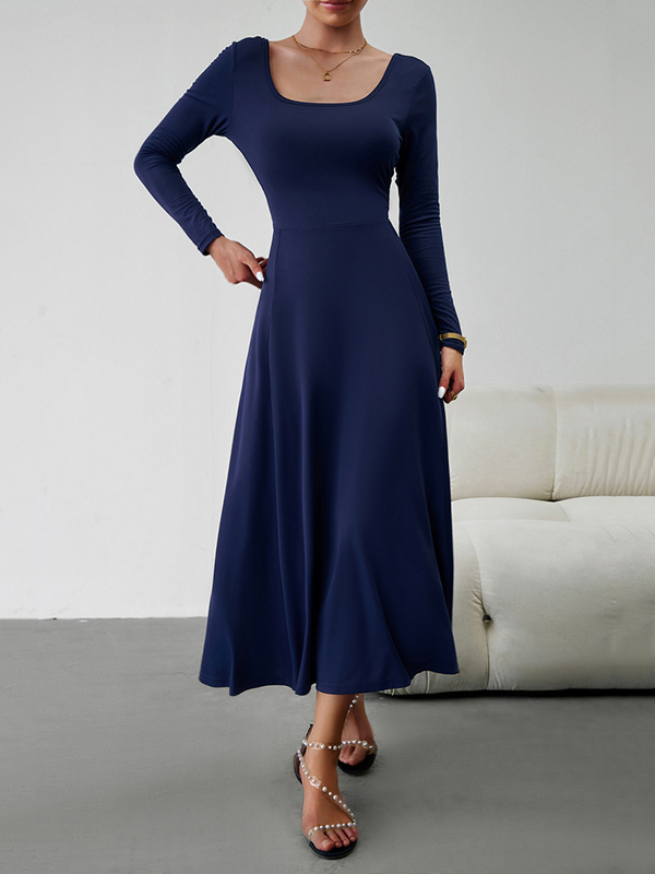 Solid Color Tied Waist A-Line High Waisted U-Neck Midi Dresses
