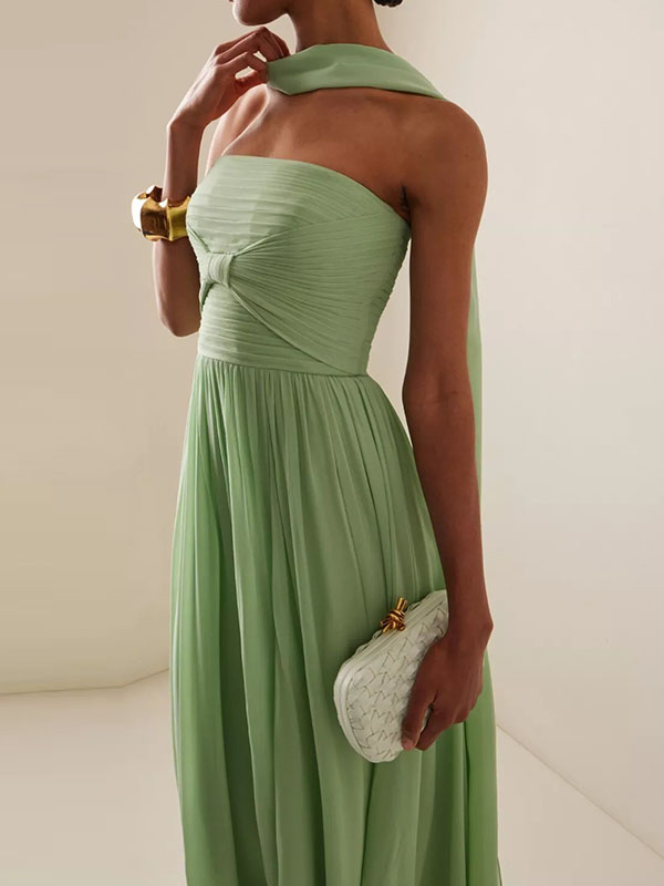Solid Color Pleated Sleeveless Tube Vacation Chiffon Maxi Dresses