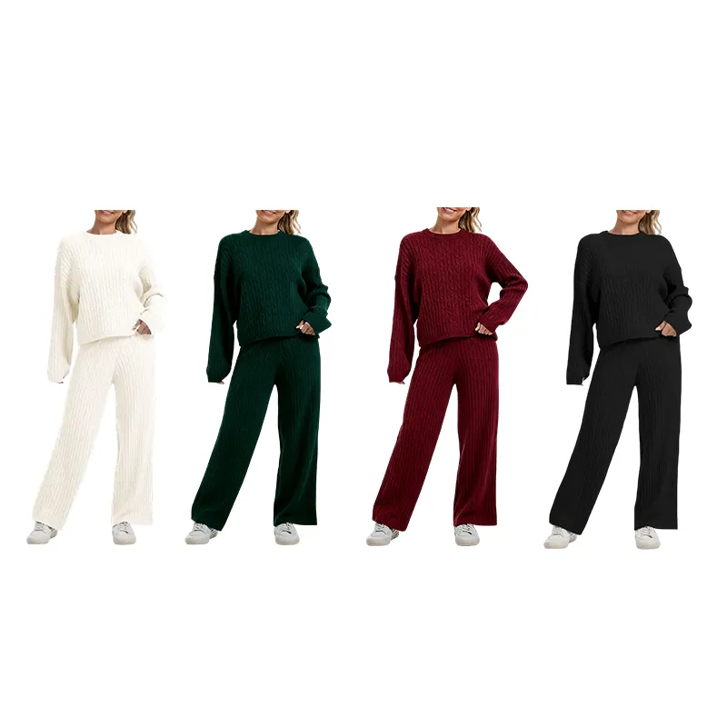 Women's Cable KnitBLACK FRIDAYSweater Lounge Set-Long Sleeve Pullover Top &High-Waisted Wide Leg Pants, Cozy 2-PieceOutfit for Fall & Winter