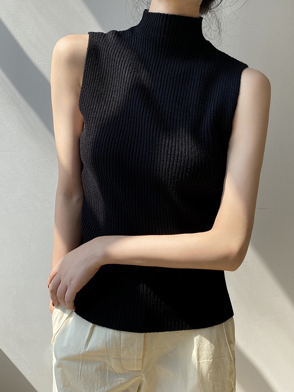 Solid Color Skinny Sleeveless High-Neck Vest Top Knitwear