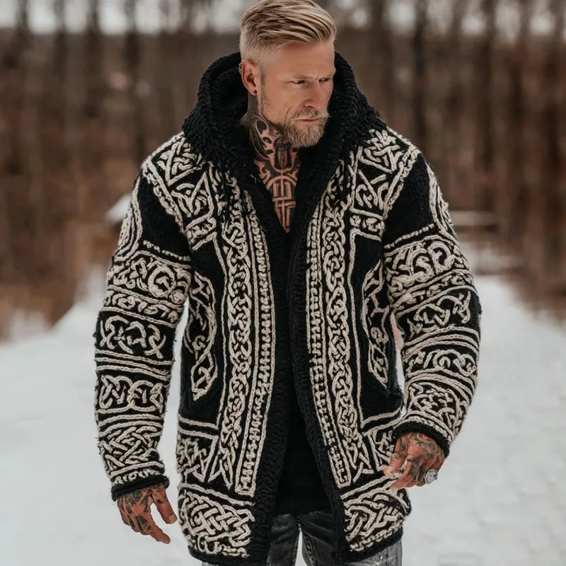 Men's Viking Celtic Pattern Art Cozy Knit Hooded Cardigan
