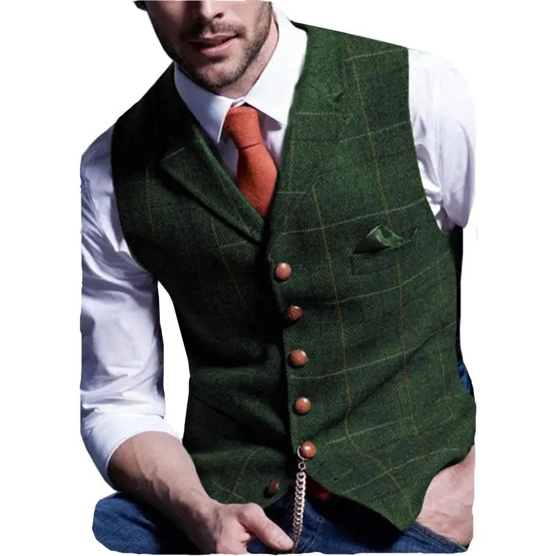Men's Retro Tweed Vest Herringbone Wool-Polyester Blend Classic Formal & Casual Sleeveless Waistcoat Dress Fabric