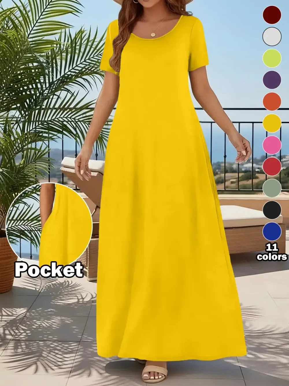 Women's Casual Commuter Plain Minimalist Short Sleeve Dress with Pockets, Loose Fit Summer & Fall, Essential Beachwear