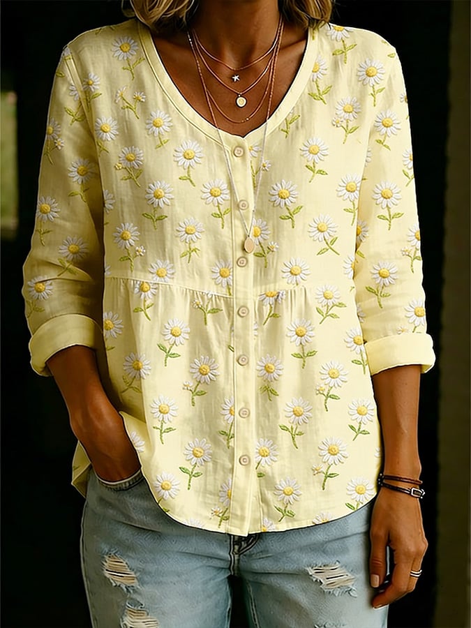 Women's Casual Floral Print Cotton Linen Top- Fast Shipping
